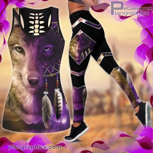 awesome native wolf purple tank top legging set fDf6N