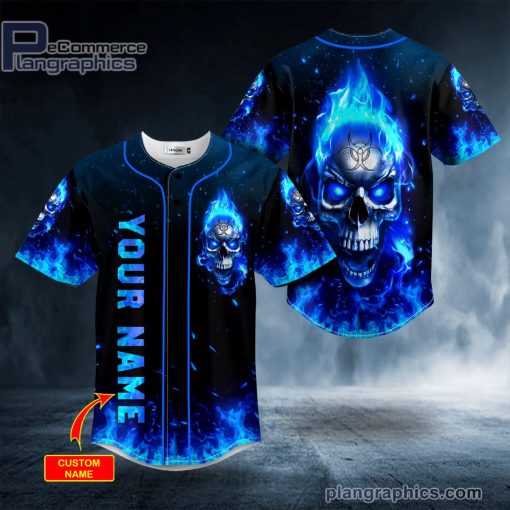 blue flaming biohazard tribal metal skull custom baseball jersey 178 7Vj7n