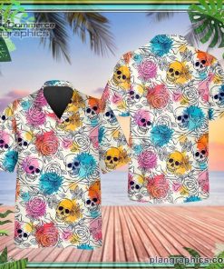 colorful roses crossbones skull short sleeve button down hawaiian shirt 126 aRoyt