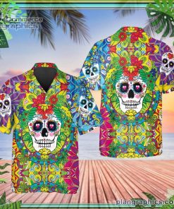colorful sugar skull short sleeve button down hawaiian shirt 123 j5mVr