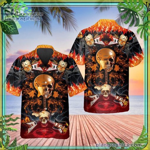electric guitar skull short sleeve button down hawaiian shirt 117 rFWrX