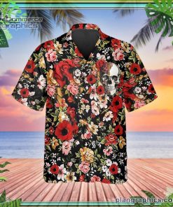 happy summer flowers grinning skull short sleeve button down hawaiian shirt 221 TKhCO