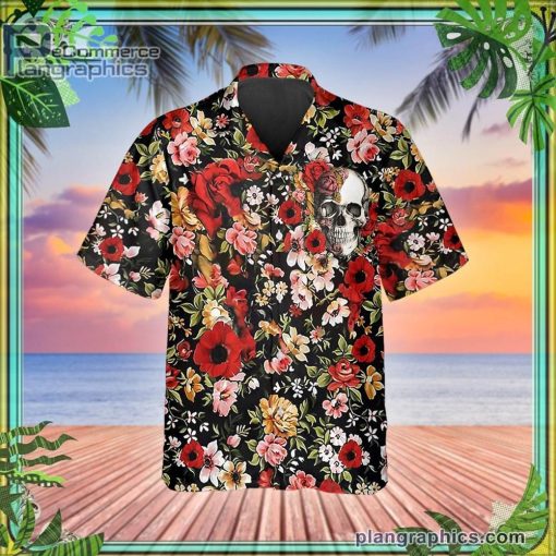 happy summer flowers grinning skull short sleeve button down hawaiian shirt 221 TKhCO