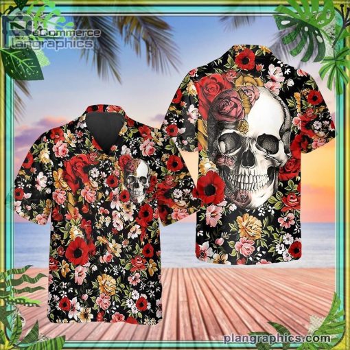 happy summer flowers grinning skull short sleeve button down hawaiian shirt 79 c5cz2