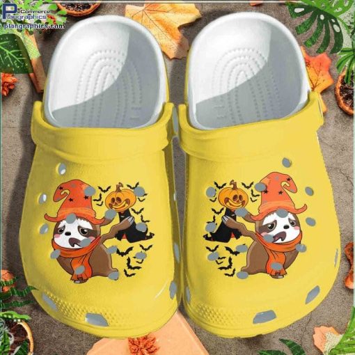 a sloth is afraid of pumpkin ghost shoes funny halloween pumpkin crocs clog S70ip