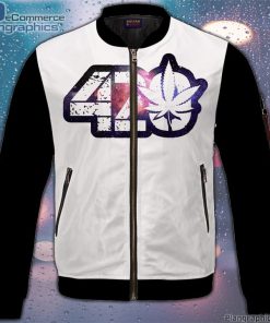 white 420 galaxy logo cannabis themed colorful bomber jacket HaanK