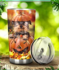yorkshire dog with pumpkin halloween stainless steel tumbler 37 9hs6C