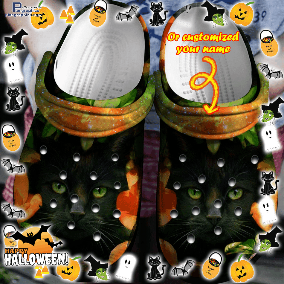 Halloween Clogs - Personalized Black Cat In Flowers Crocs Shoes