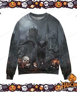black cat in spooky halloween ugly sweater 26 YprQb