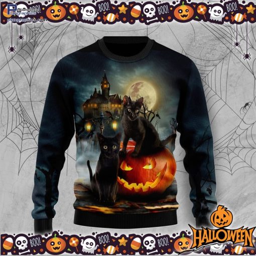 black cat pumpkin night halloween ugly sweater 29 kWVy0