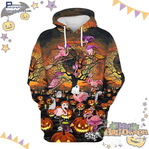 flamingo ghost at pumpkin field halloween orange black hoodie ull0a
