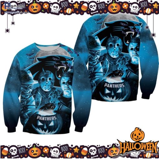 freddy jason michael myers loves carolina panthers pumpkin head halloween ugly sweater 40 ifm1y