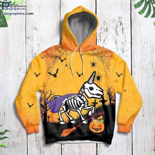 halloween skeleton witch unicorn yellow funny design 3d hoodie and zip hoodie OOj9d