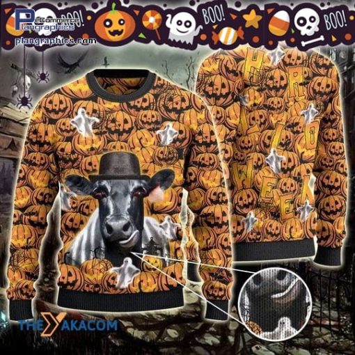 merry xmas black angus cattle lovers halloween pumpkin ugly sweater 68 oDYvP