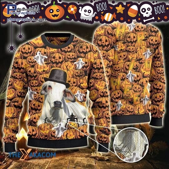Merry Xmas Creepy Brahman Cattle Lovers Halloween Pumpkin Ugly Sweater