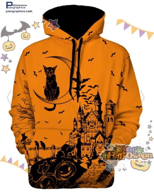 moon black cat castle halloween orange hoodie E9XJz