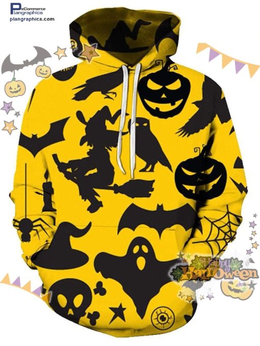 pumpkin witch ghost bat owl pattern halloween black yellow hoodie VVMPz