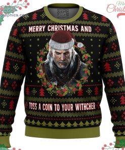 merry christmas and toss a coin the witcher ugly christmas sweater 100 y8c7M