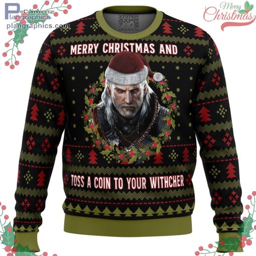 merry christmas and toss a coin the witcher ugly christmas sweater 100 y8c7M