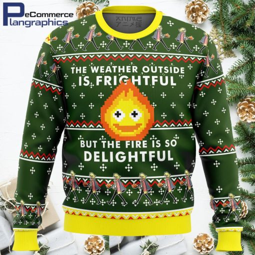 howls moving castle calcifer fire is so delightful ugly christmas sweater 1 uraius