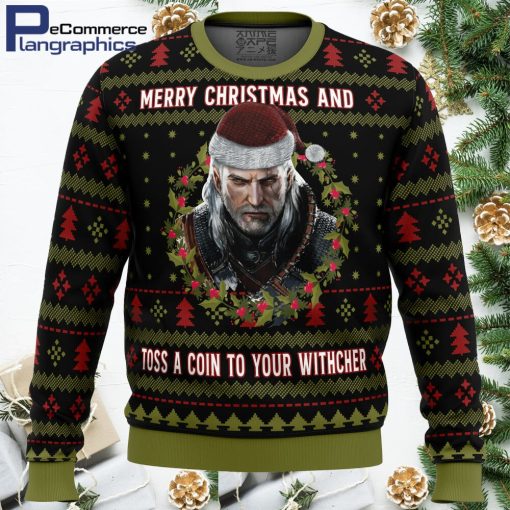 merry christmas and toss a coin the witcher all over print ugly christmas sweater 1 ym8pg4