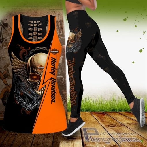 combo skull harley davidson hollow tank top and leggings set outfit uW2aC