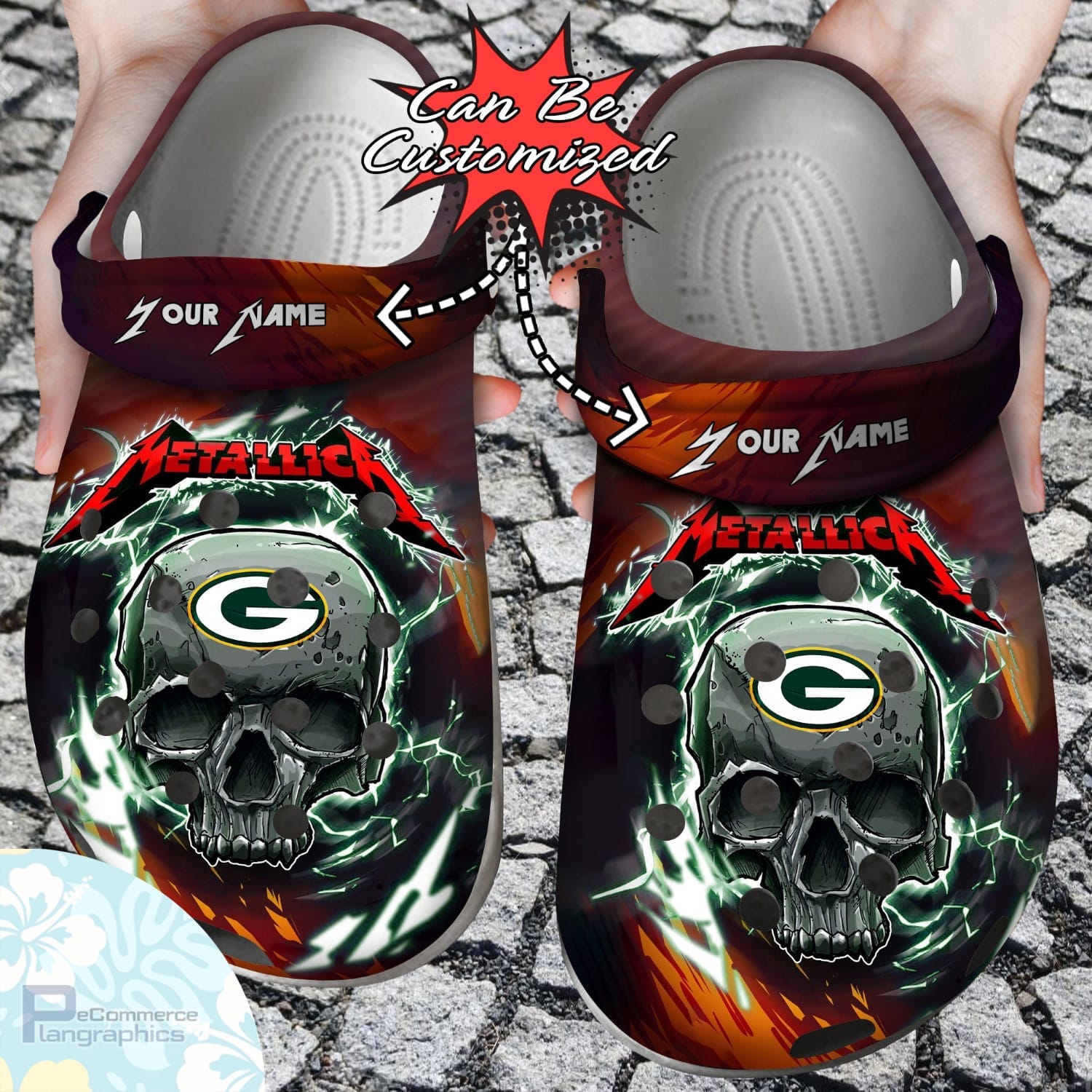 Personalized Skull Lightning Metallica Clog Shoes, Green Bay