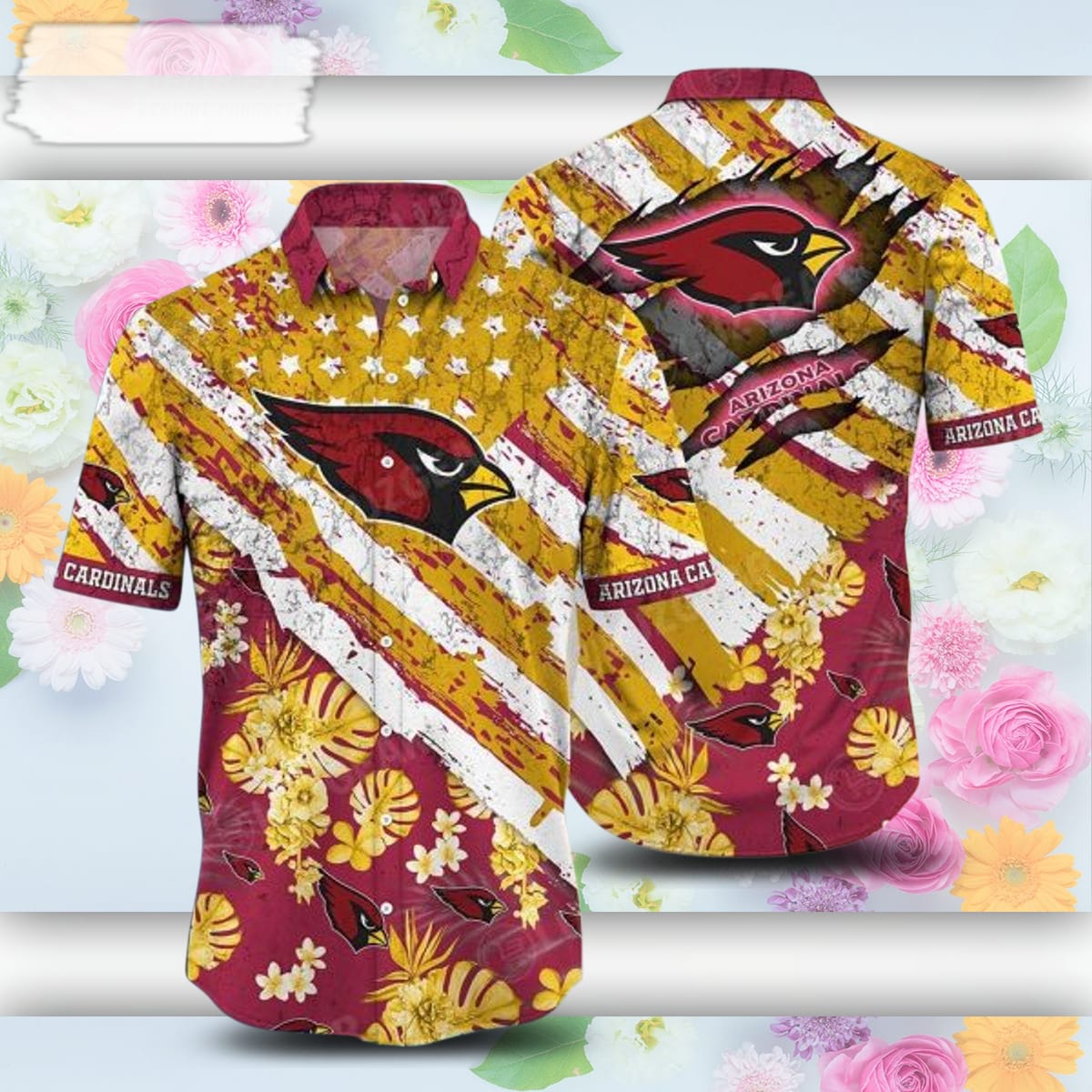 4th Of July Arizona Cardinals NFL Tropical Flower Graphic American Flag Printed Hawaiian Shirt