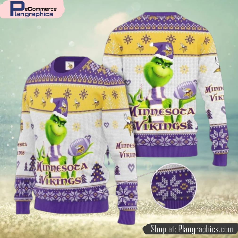 Grinch Minnesota Vikings 3D Ugly Christmas Sweater