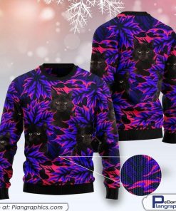 black-cat-leaves-funny-family-purple-ugly-christmas-sweater-1
