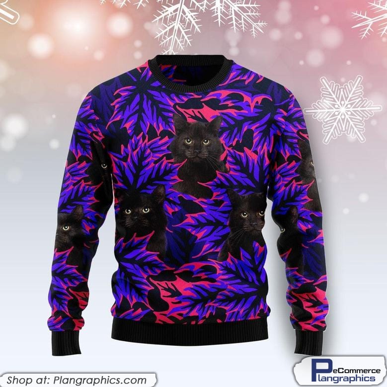Black Cat Leaves Funny Family Purple Ugly Christmas Sweater