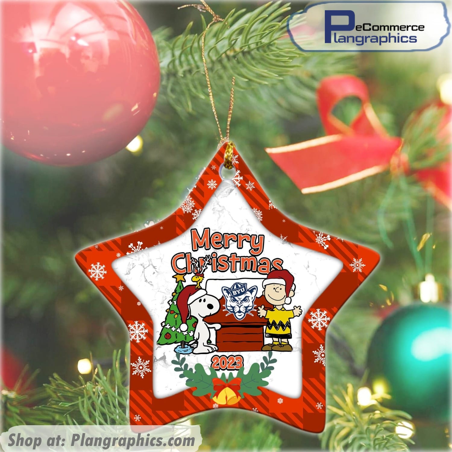 BYU Cougars Snoopy Christmas Ceramic Ornament