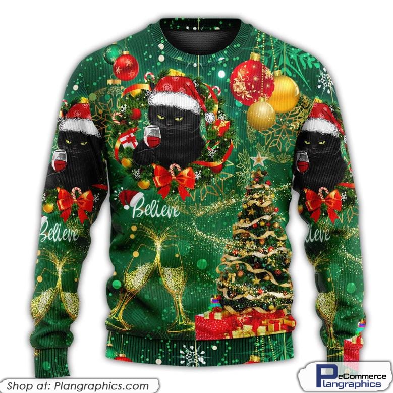 Christmas Black Cat Drinking Happy Christmas Tree Green Light Ugly Sweaters