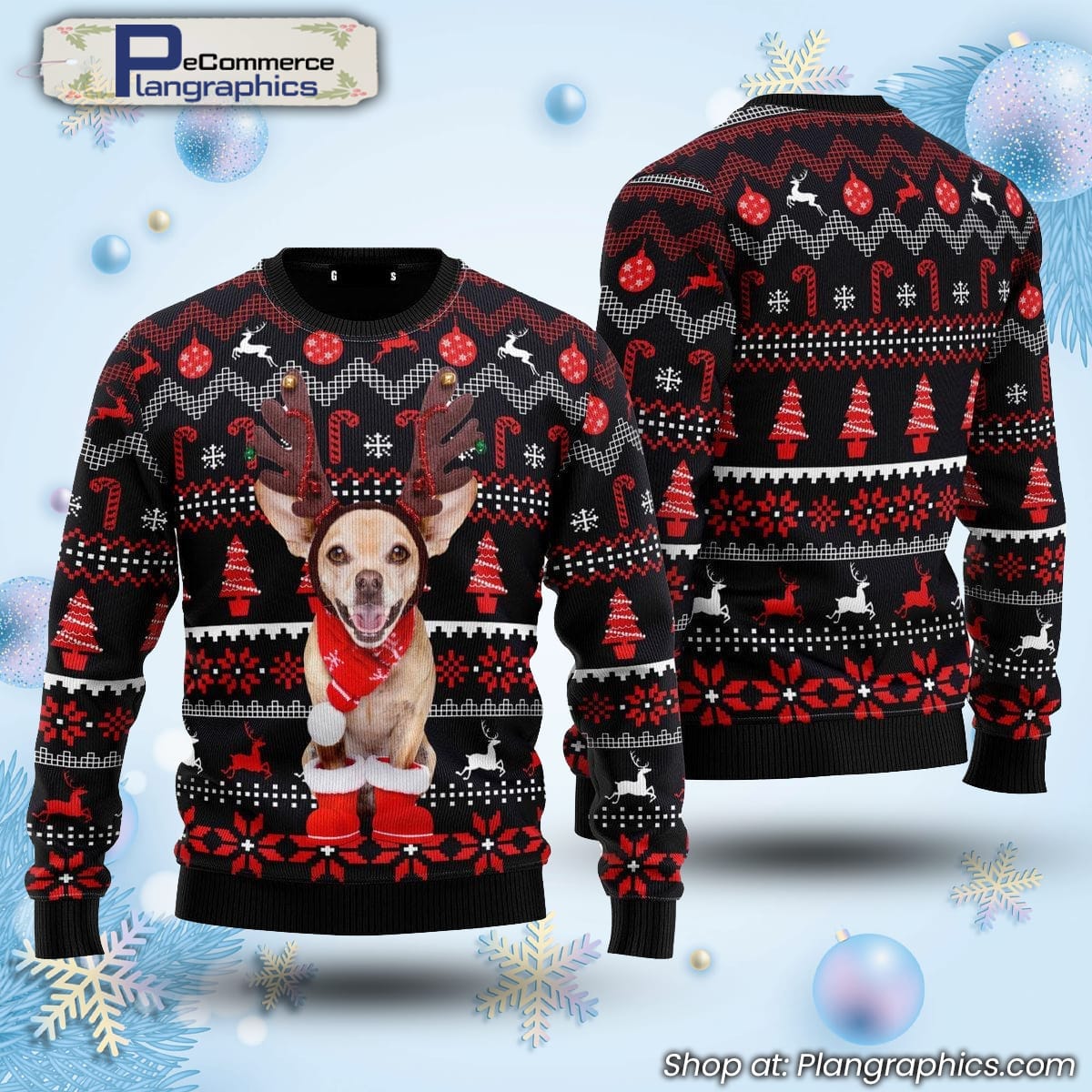 Christmas Santa Reindeer Dog Pattern Ugly Christmas Sweater