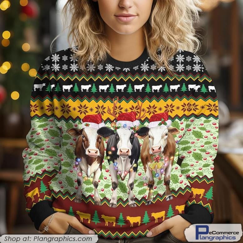 Cow Xmas Ugly Sweater, Funny Farm Animal Print Ugly Christmas Gifts