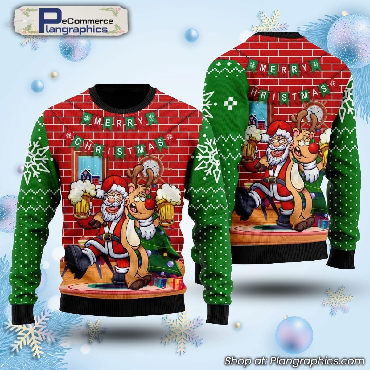 Funny Santa Drink Beer With Reindeer Ugly Christmas Sweater
