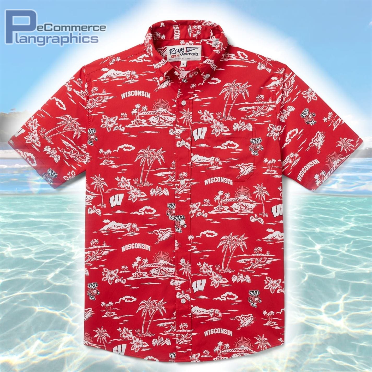 University Of Wisconsin Tropical Island Pattern Short Sleeve Shirt